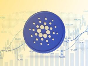 Cardano logo with price chart overlay showing upward trend