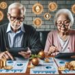 Senior couple reviewing investment documents with cryptocurrency symbols