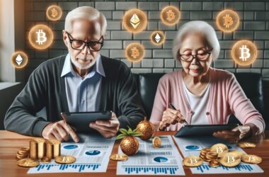 Senior couple reviewing investment documents with cryptocurrency symbols