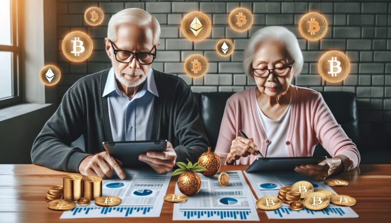 Senior couple reviewing investment documents with cryptocurrency symbols