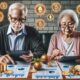 Senior couple reviewing investment documents with cryptocurrency symbols