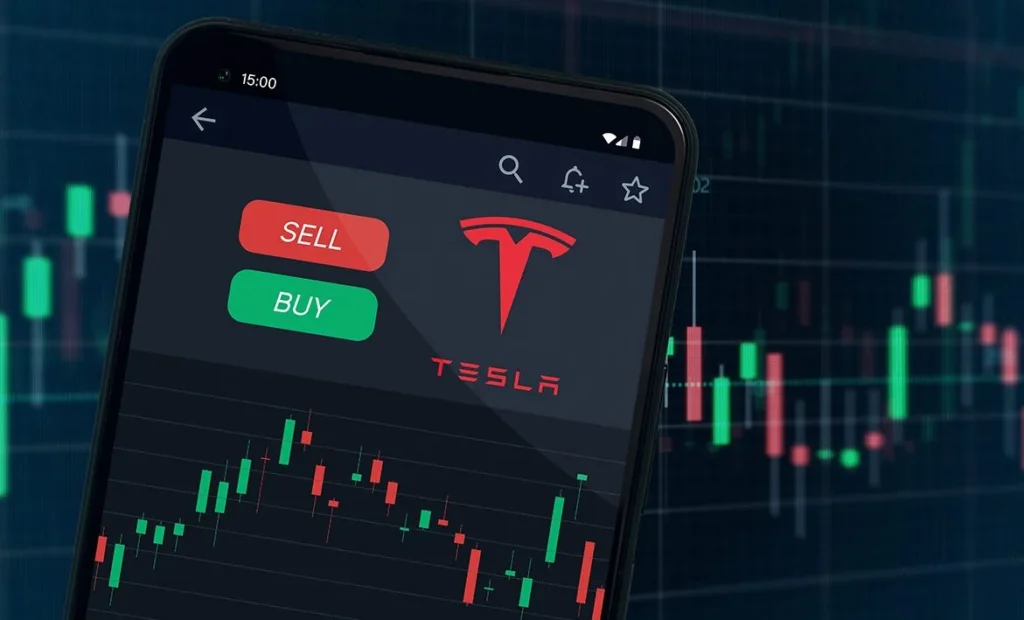 Mobile trading app showing Tesla stock chart with buy and sell buttons