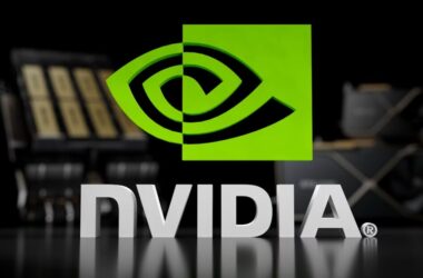 NVIDIA logo in green with GPU products in background