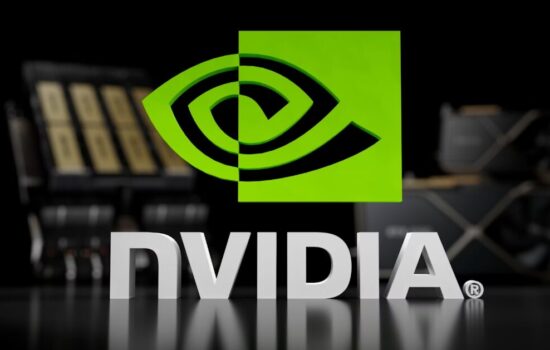 NVIDIA logo in green with GPU products in background