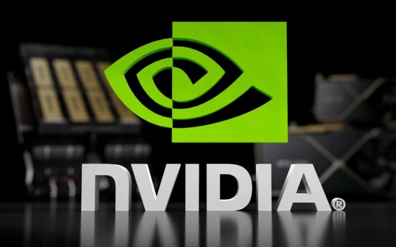 NVIDIA logo in green with GPU products in background