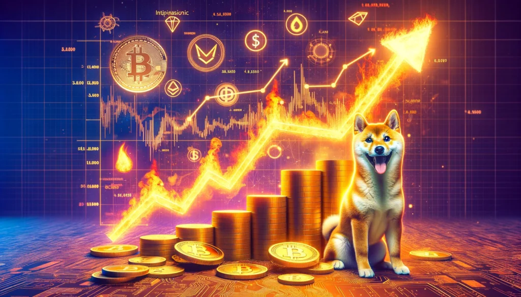 Shiba Inu cryptocurrency with flaming upward chart and stacked coins
