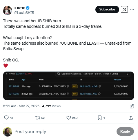 Lucie's tweet showing 2 billion SHIB burn transactions from same wallet