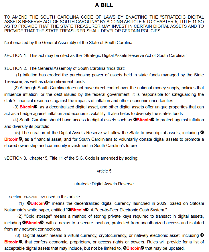 South Carolina Strategic Digital Assets Reserve Act bill text highlighting Bitcoin as inflation hedge