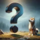 Shiba Inu dog standing next to large question mark in foggy forest landscape