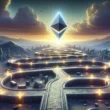 Ethereum logo hovering above a digital maze pathway in desert landscape