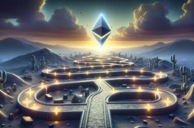 Ethereum logo hovering above a digital maze pathway in desert landscape