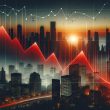 Market crash visualization showing sharp red downward trend line over cityscape at sunset