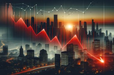 Market crash visualization showing sharp red downward trend line over cityscape at sunset