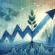 Conceptual illustration of stock market growth with upward trend arrow and plant symbolizing financial growth
