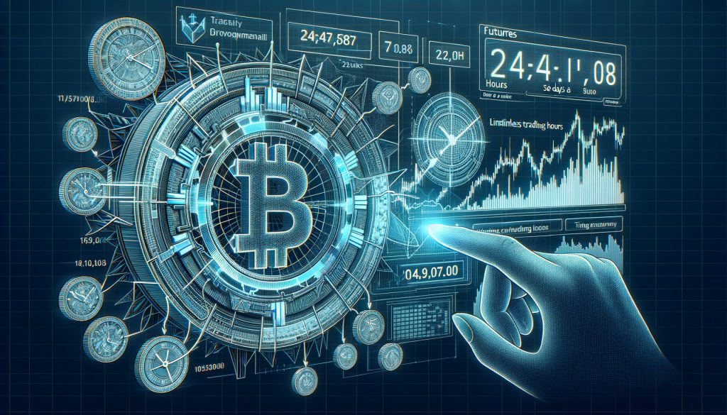 Digital hand interacts with bitcoin trading interface showing 24-hour futures trading with prize charts and time indicators