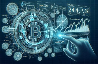 Digital hand interacting with Bitcoin trading interface showing 24-hour futures trading display with price charts and time indicators
