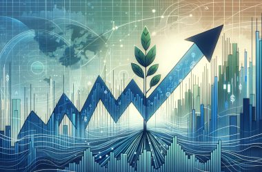 Conceptual illustration of stock market growth with upward trend arrow and plant symbolizing financial growth