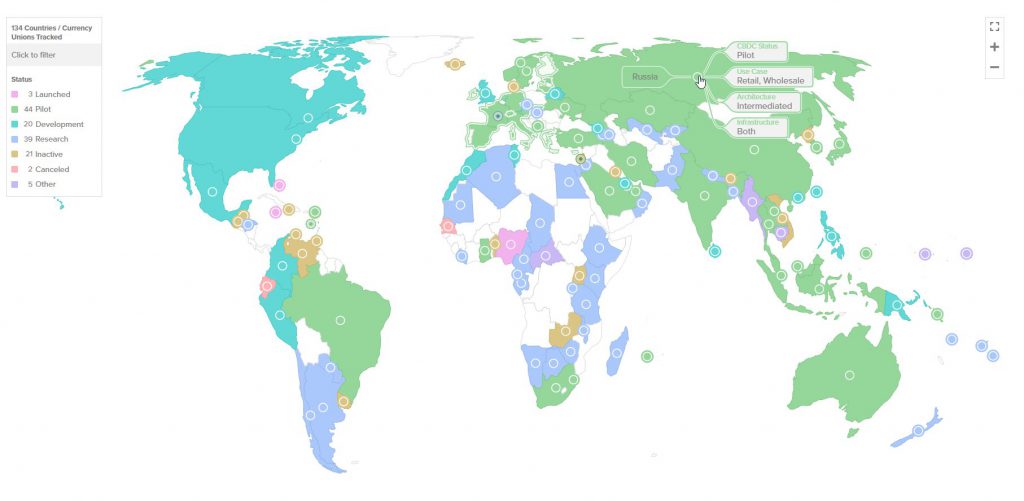 Global map highlighting different CBDC adoption stages across regions