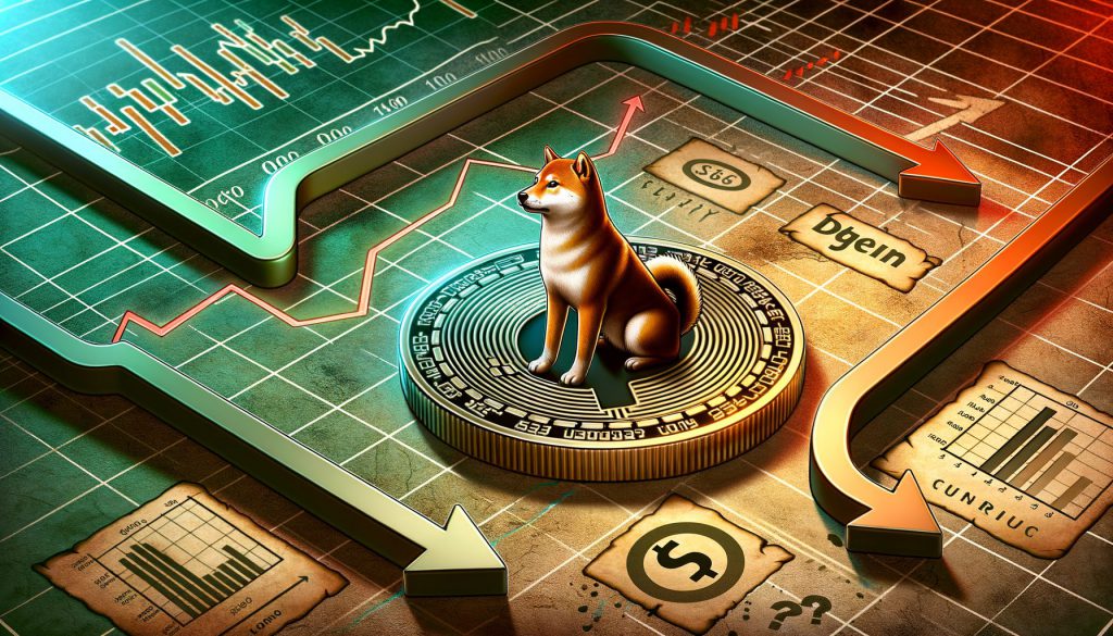 Shiba Inu dog sitting on gold coin with red and green market charts in background