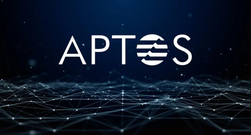 Aptos (APT) logo in white on dark blue background with network visualization showing connected nodes