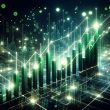 Glowing green cryptocurrency market charts with rising trend lines and digital network connections in a futuristic cityscape visualization