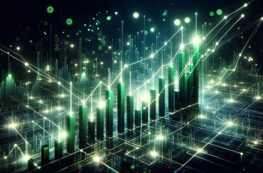 Glowing green cryptocurrency market charts with rising trend lines and digital network connections in a futuristic cityscape visualization