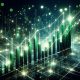 Glowing green cryptocurrency market charts with rising trend lines and digital network connections in a futuristic cityscape visualization
