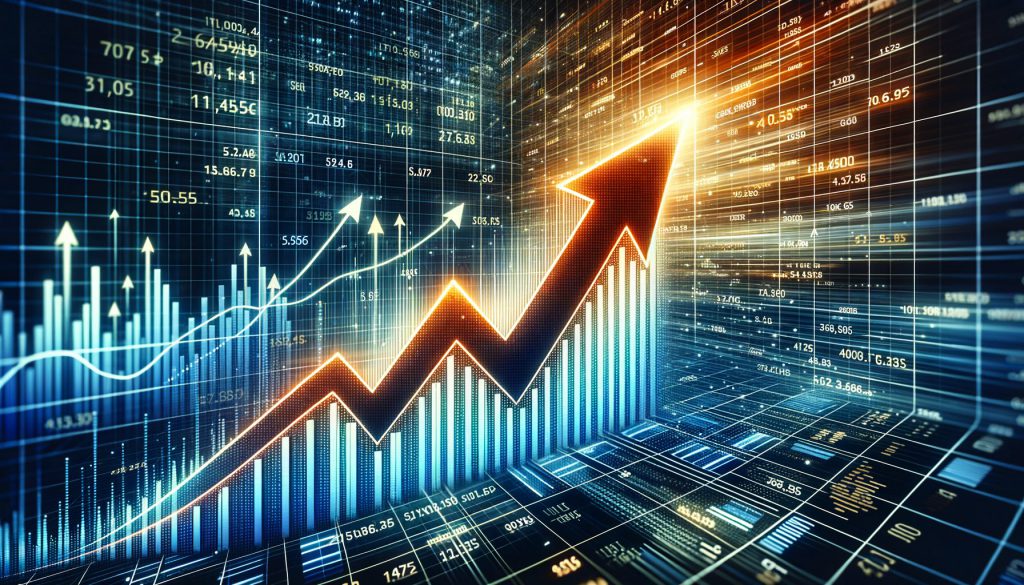 Financial chart with glowing orange upward arrow representing tech stock market potential