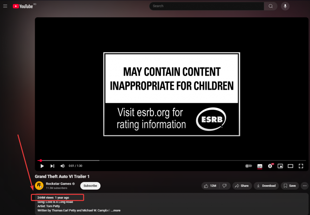 Screenshot of GTA 6 Trailer on YouTube showing view count
