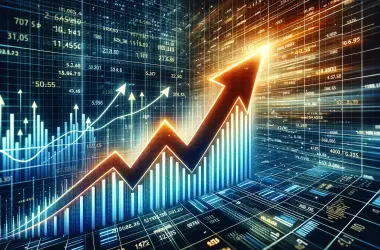 Financial chart with glowing orange upward arrow representing tech stock market potential