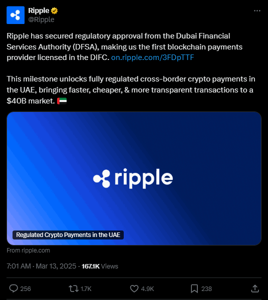 Ripple has secured regulatory approval from the Dubai Financial Services Authority (DFSA)