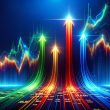 Vibrant stock market chart with multiple colorful arrows shooting upward against a blue background, representing bargain stocks with explosive growth potential