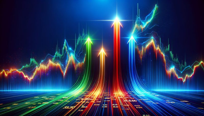 Vibrant stock market chart with multiple colorful arrows shooting upward against a blue background, representing bargain stocks with explosive growth potential