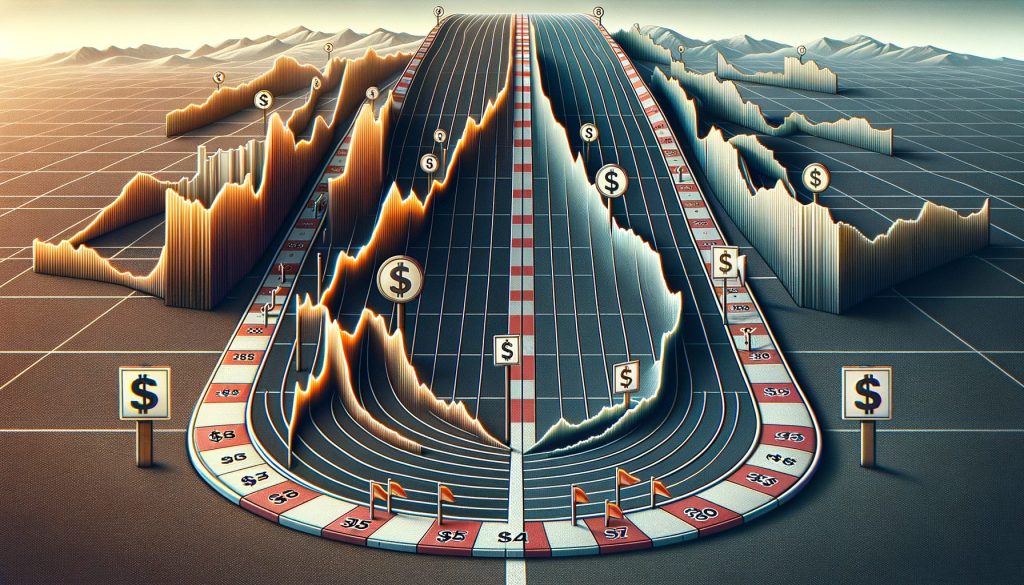 3D racetrack visualization with cryptocurrency price charts forming the track lanes, featuring dollar signs marking price milestones along different trajectories