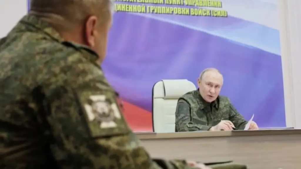 Russian President Vladimir Putin at a command center in Kursk region
