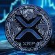 XRP cryptocurrency coin with its symbol displayed prominently against a blue background showing rising stock market charts and stacked coins, representing the digital asset at the center of Franklin Templeton's ETF filing