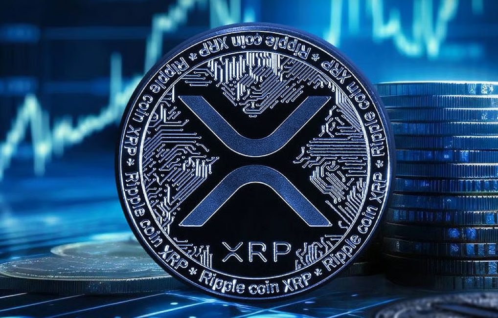 XRP cryptocurrency coin with its symbol displayed prominently against a blue background showing rising stock market charts and stacked coins, representing the digital asset at the center of Franklin Templeton's ETF filing