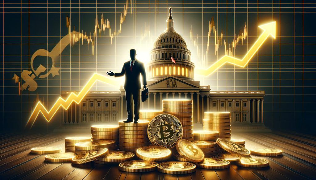 Business figure standing on bitcoin coins with Capitol Building and Rising Crypto Chart