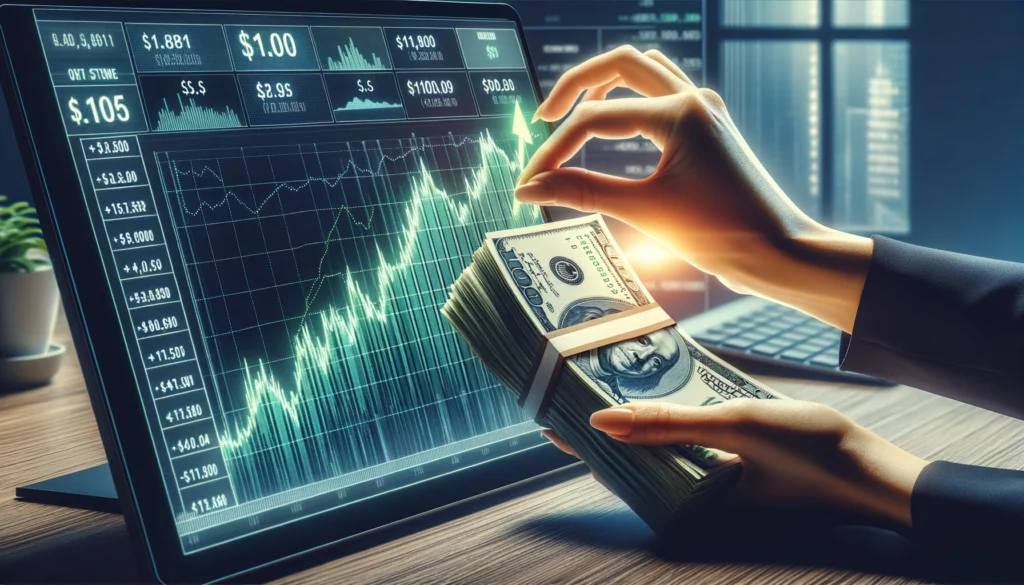 Hand holding cash next to stock market chart showing upward trends