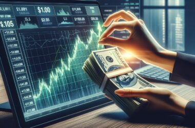 Hand holding cash next to stock market chart showing upward trends