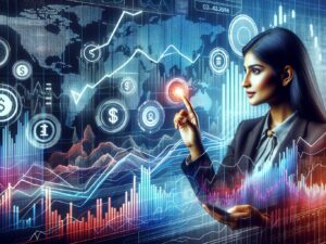 Woman investor interacting with financial dashboard showing market trends and currency symbols