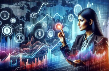Woman investor interacting with financial dashboard showing market trends and currency symbols