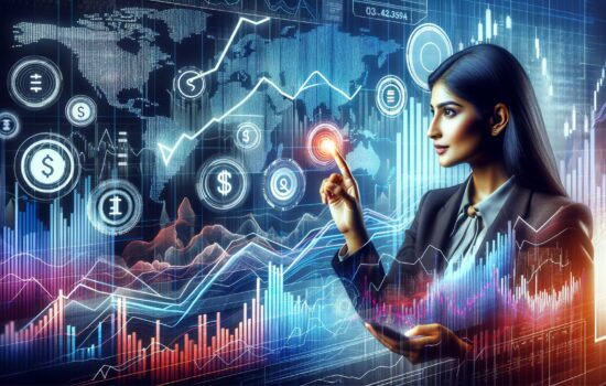 Woman investor interacting with financial dashboard showing market trends and currency symbols