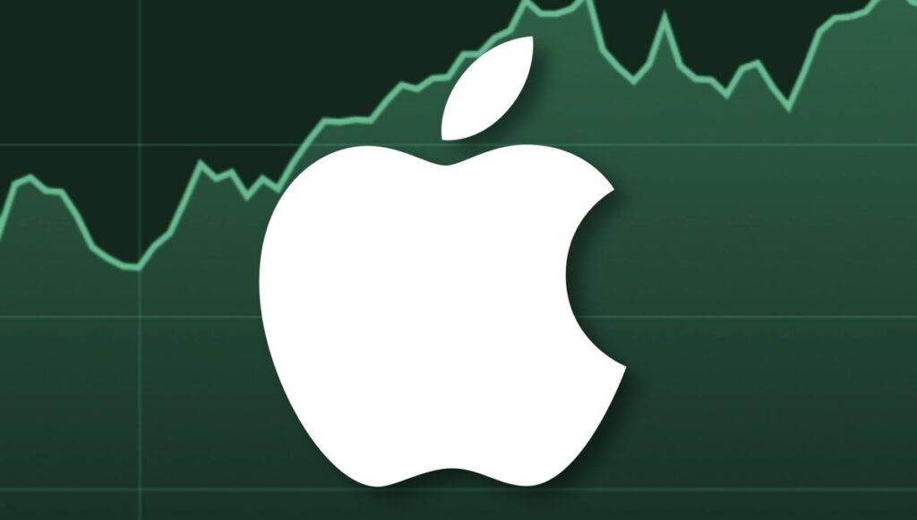  Apple logo on green stock chart with article headline 