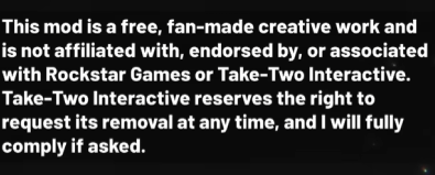 Screenshot showing Dark Space's Project Vice mod disclaimer