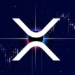 XRP logo with price chart candlesticks on dark blue background
