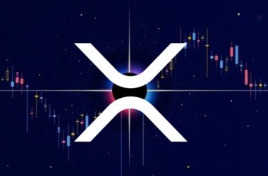 XRP logo with price chart candlesticks on dark blue background