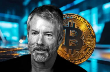 Michael Saylor with Bitcoin digital coin on blue technology background