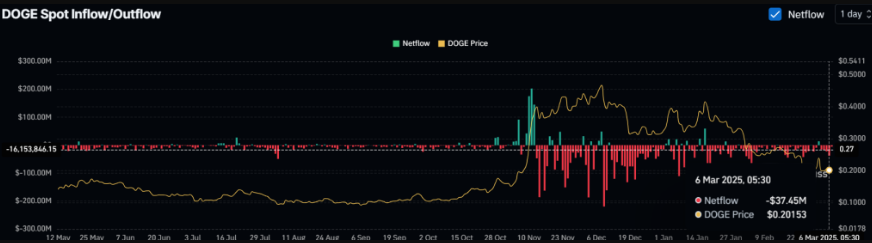 Chart showing Dogecoin exchange inflows and outflows with significant recent outflows