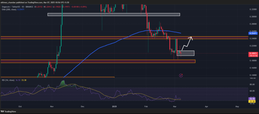 Dogecoin price chart showing recent price movements and support levels